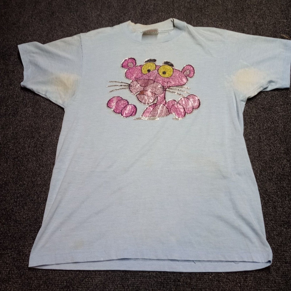 Vintage 80s Pink Panther T Shirt Adult Medium Blue 50/50 HANES Streetwear